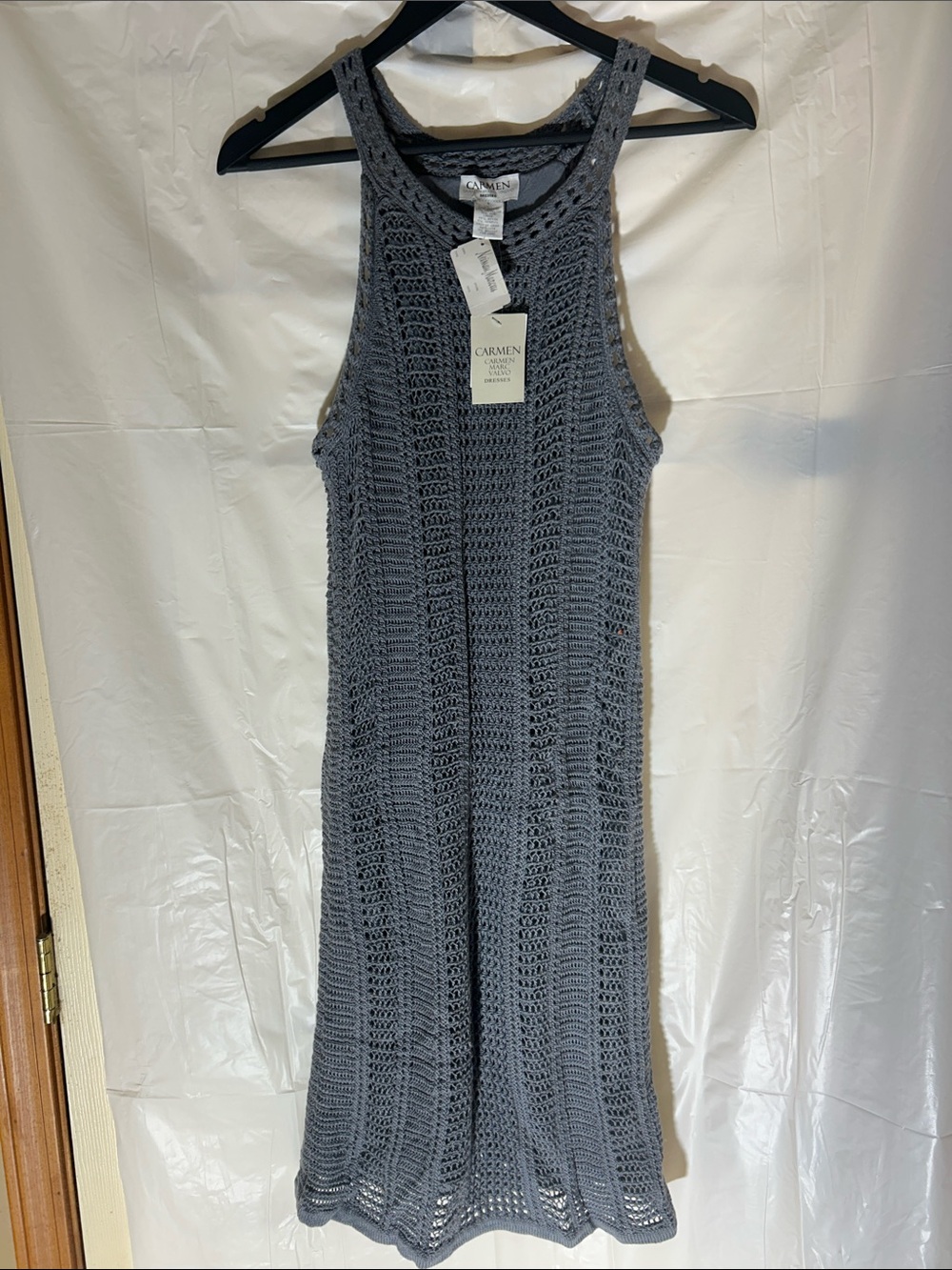 Carmen Marc Valvo Charcoal Open-Knit Tank Dress